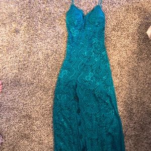 Long teal lace evening dress. Perfect for a wedding. Size sm